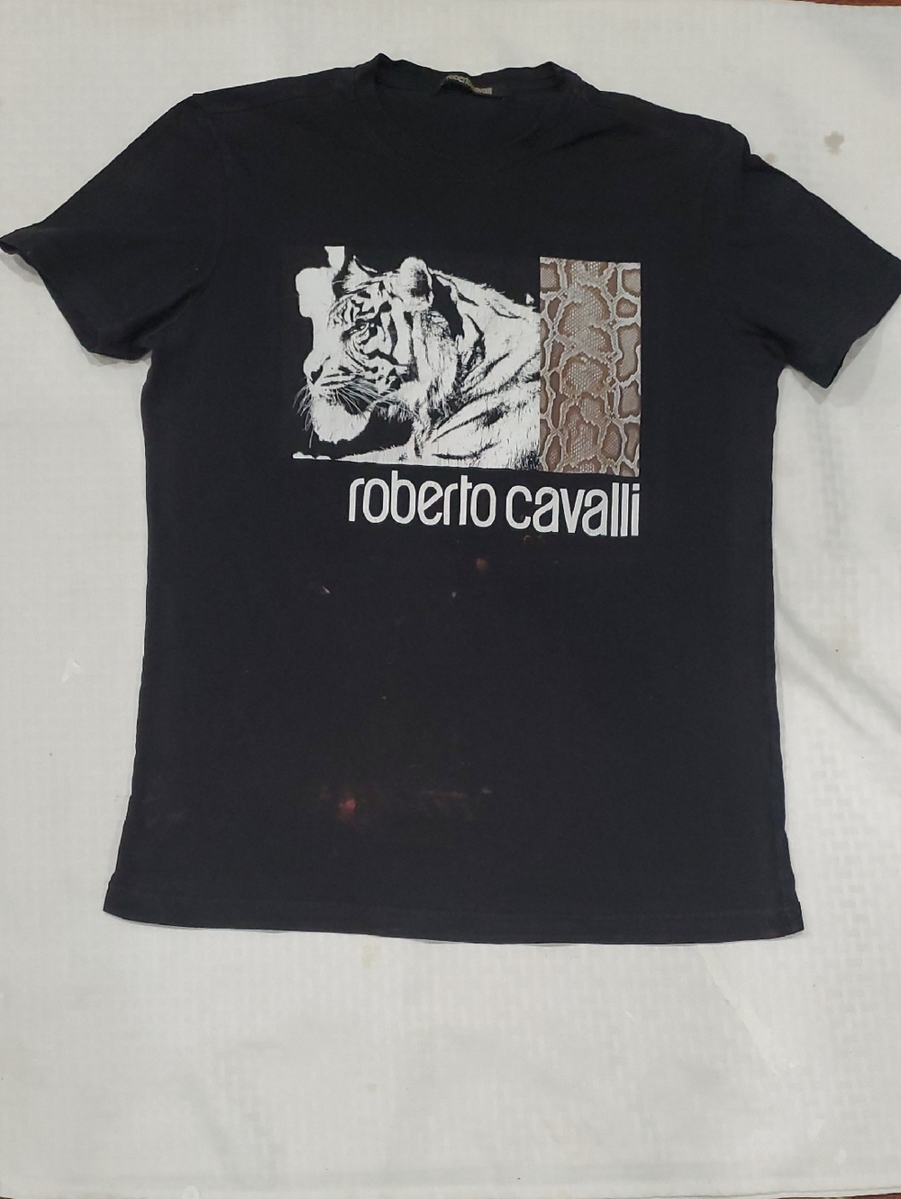 Roberto Cavalli Black Thrash Tee with White Tiger and Brown Snake-Print Panel